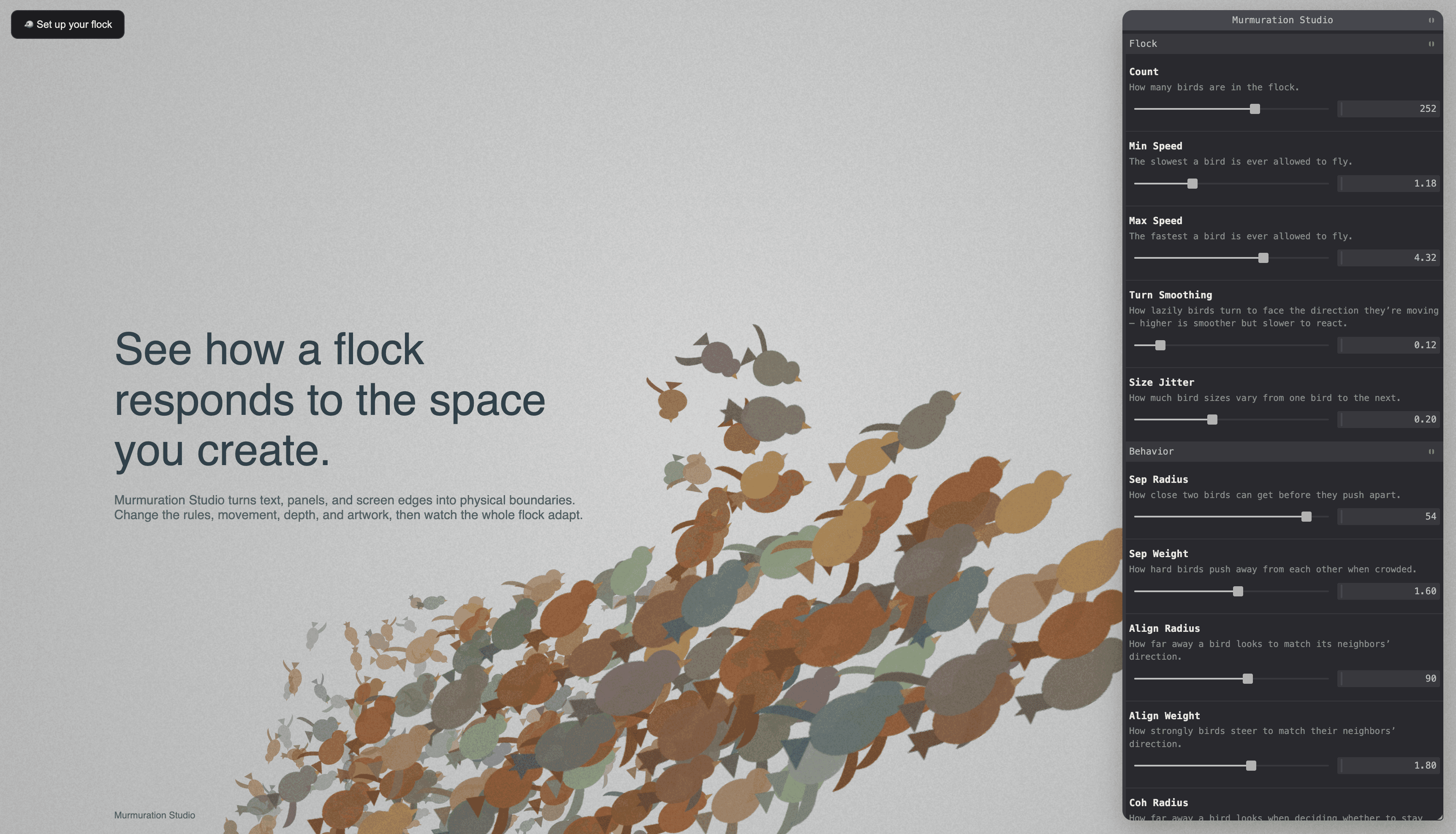 Murmuration Studio showing a handmade bird swarm moving around a text obstacle, with live flock and behavior controls on the right.
