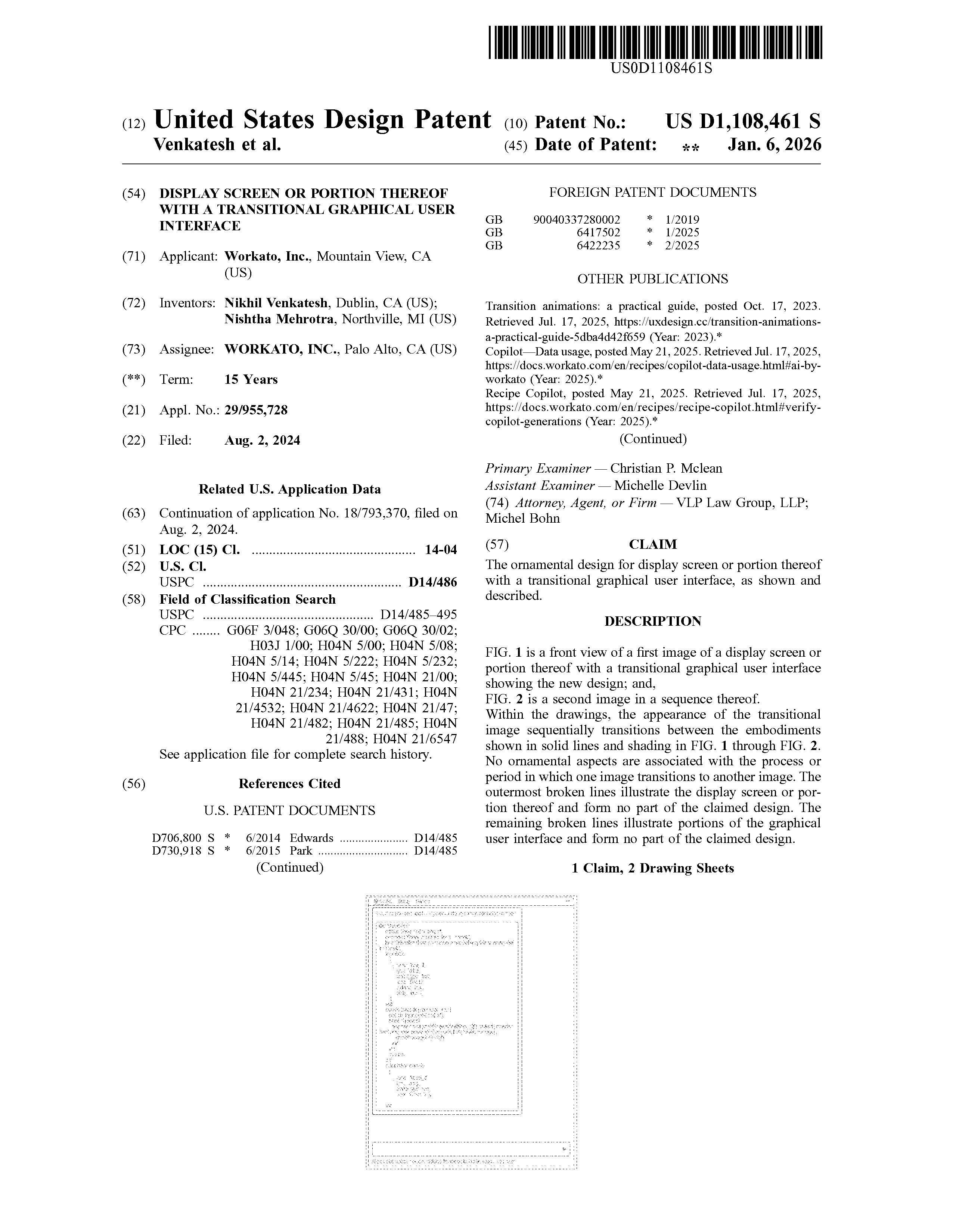 The granted design patent — U.S. Patent No. D1,108,461 S, a continuation of the original utility application, covering the transition itself as an ornamental design.