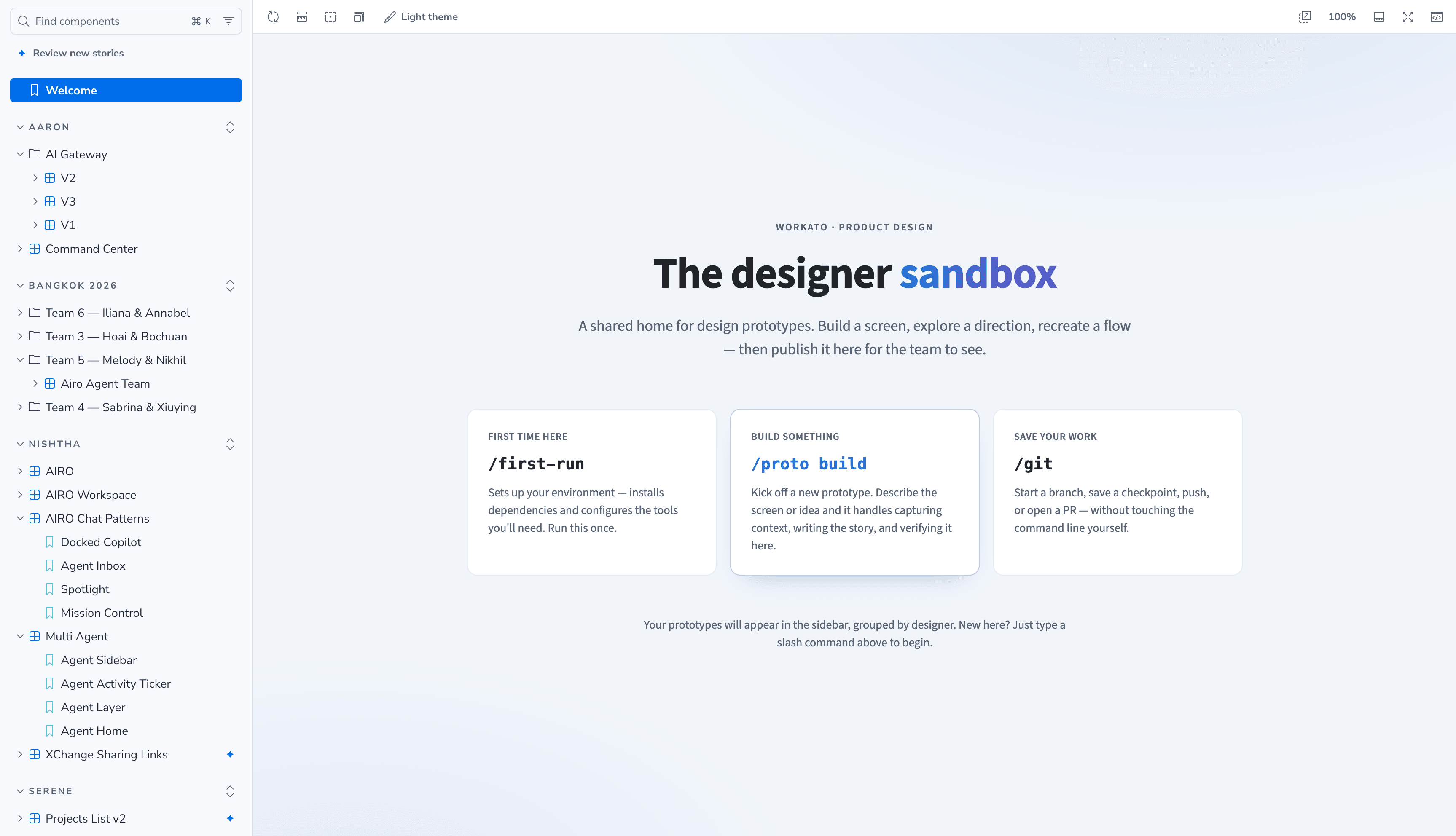 The Designer Sandbox interface with commands for setting up the environment, building a prototype, and saving work