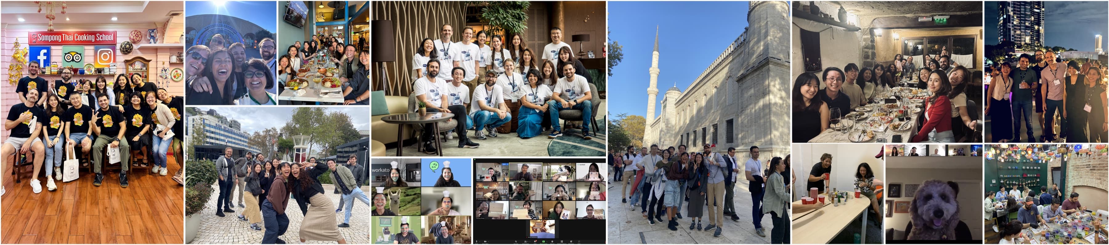 A collage of the Workato Product Design and Research team together across different years, locations, remote calls, and offsites