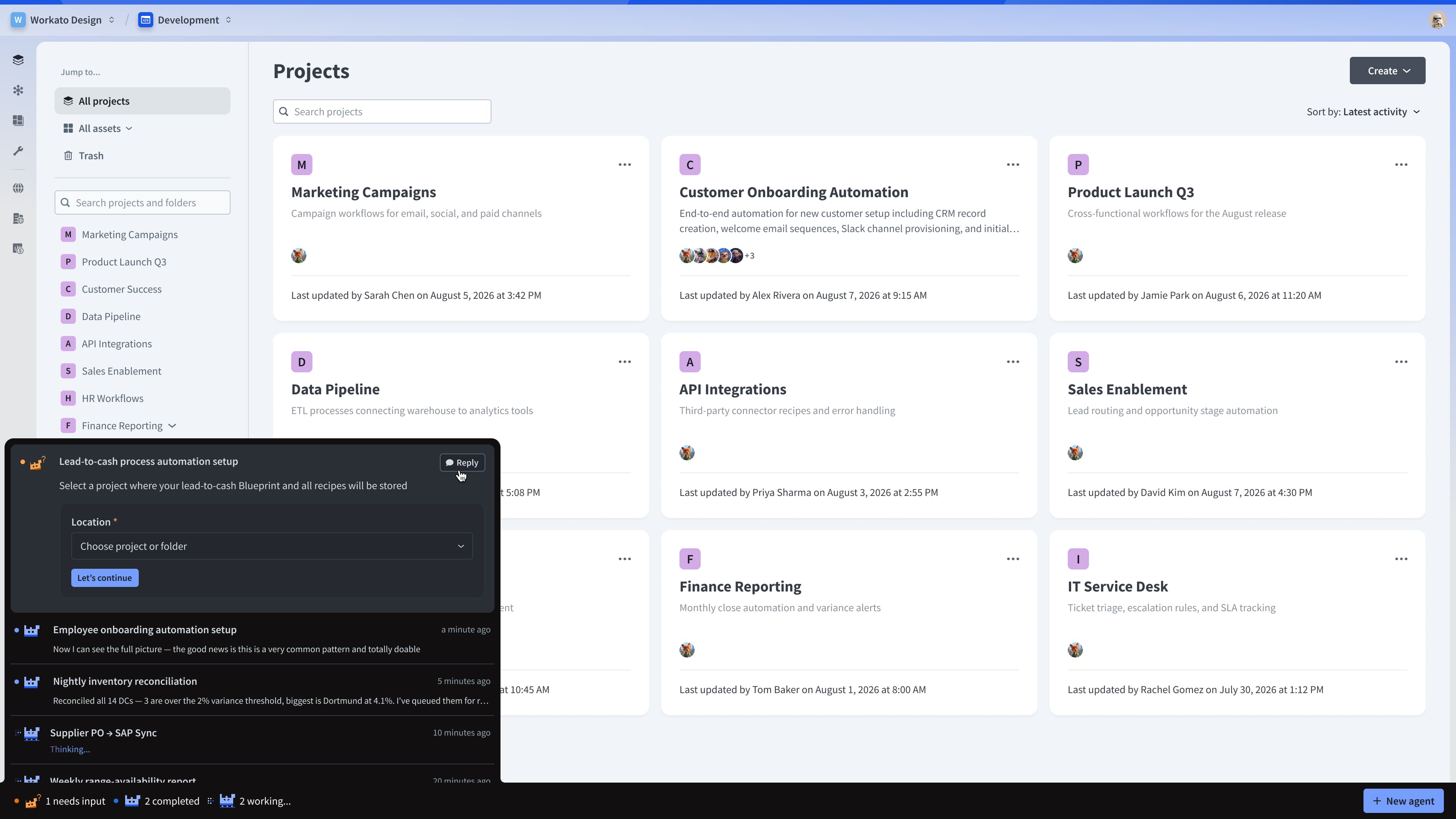 The peek-a-boo agent bar expanded over a Workato page with three active agents