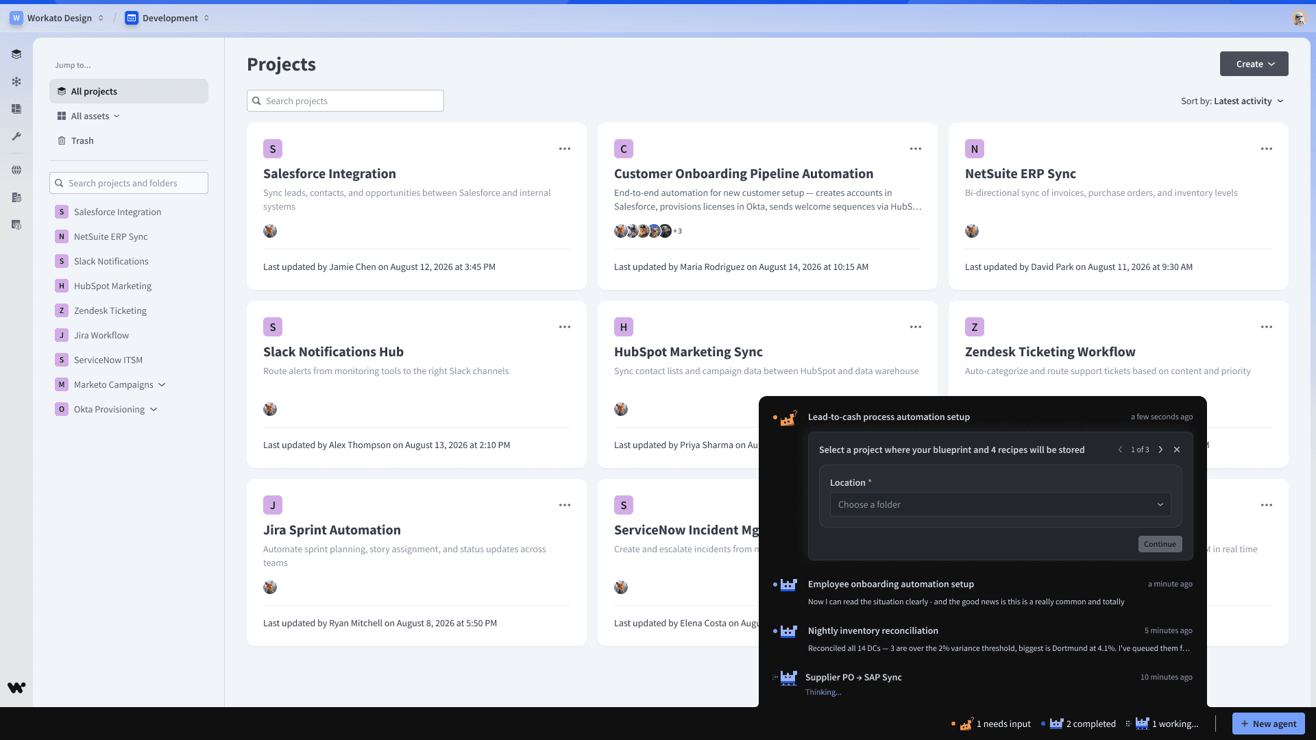 Bottom-position exploration showing the compact agent bar, parallel agent status, and an expanded supervision view without displacing the current Workato page