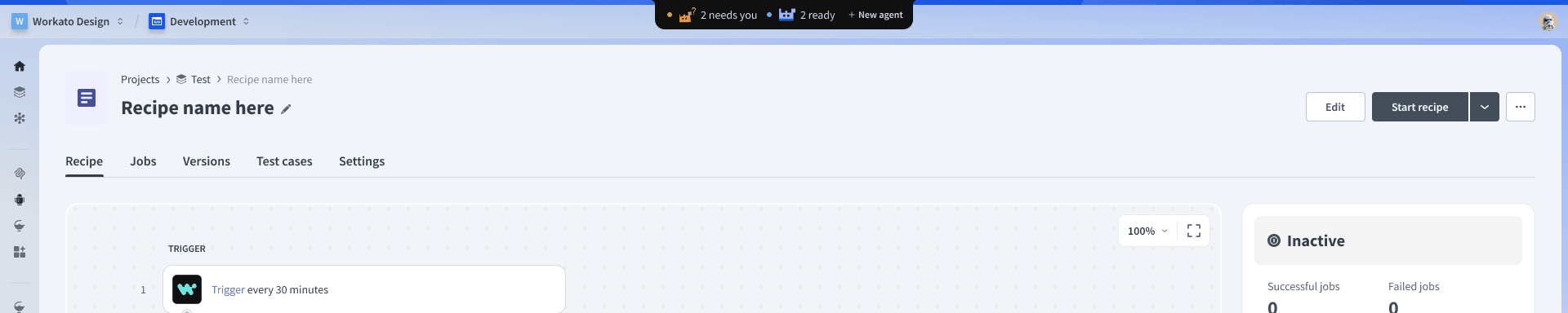 Centered agent island at the top of the Workato interface showing agents that need attention, agents that are ready, and an action to start another agent