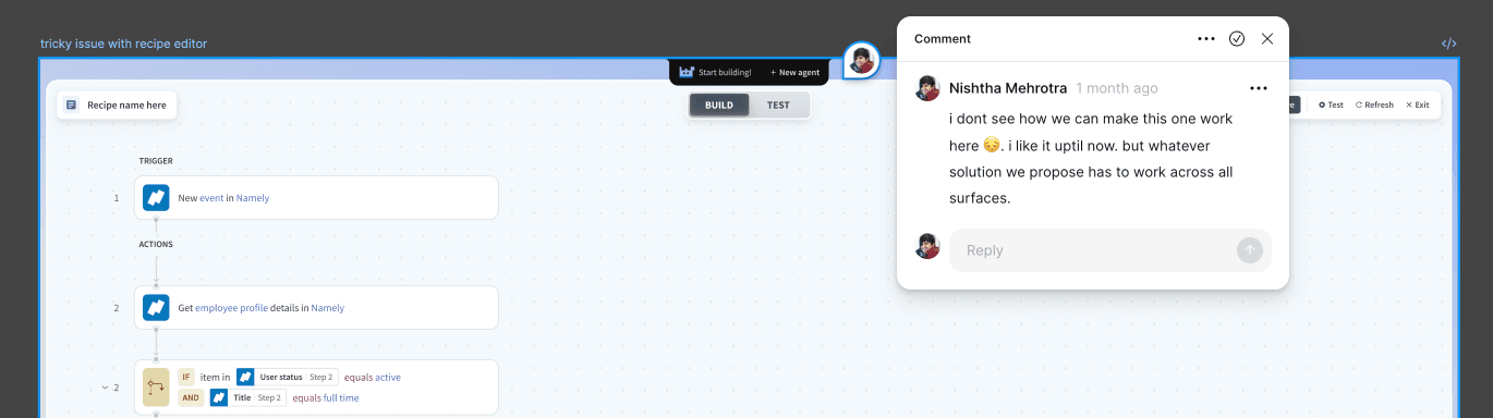 Expanded centered agent island colliding with the Build and Test controls in the full-screen recipe editor