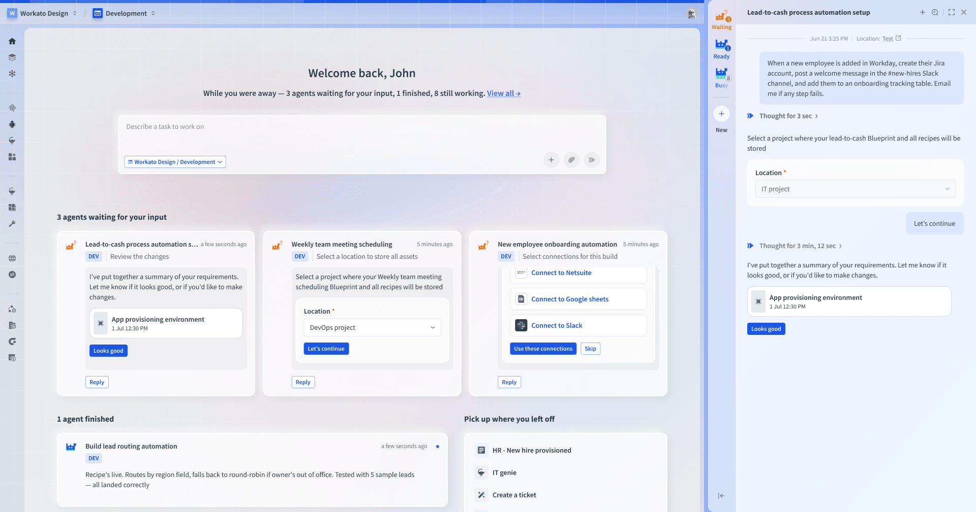 Agent overview with several parallel tasks and an expanded agent conversation in a persistent panel on the right side of the product