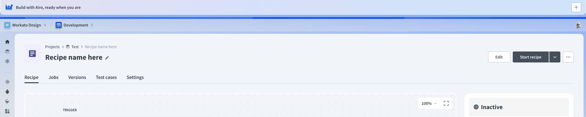 Full-width agent bar positioned above the workspace and environment switchers at the top of the Workato interface