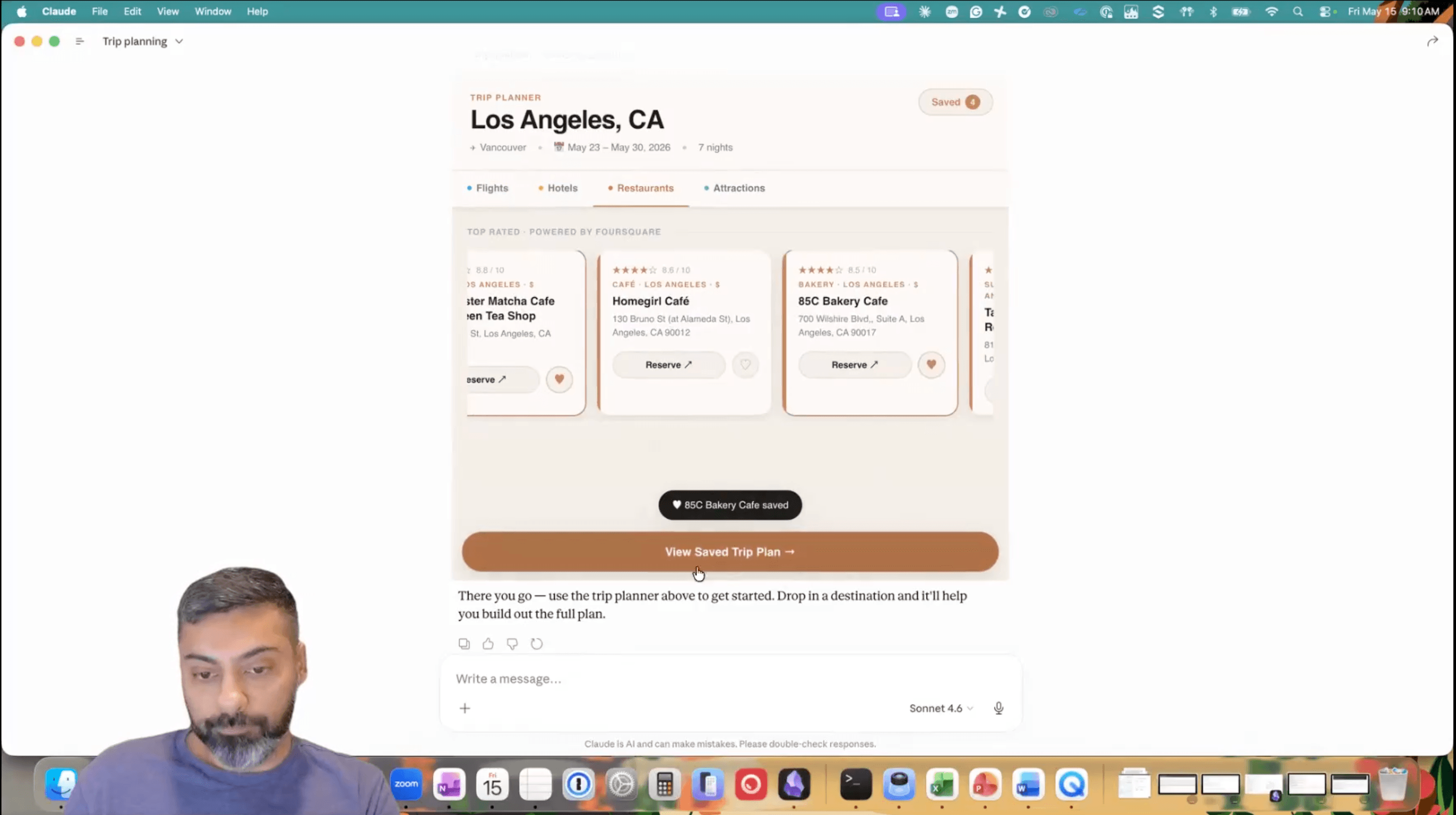 Daman demonstrating a working Trip Planner MCP App inside Claude, with tabs for flights, hotels, restaurants, and attractions