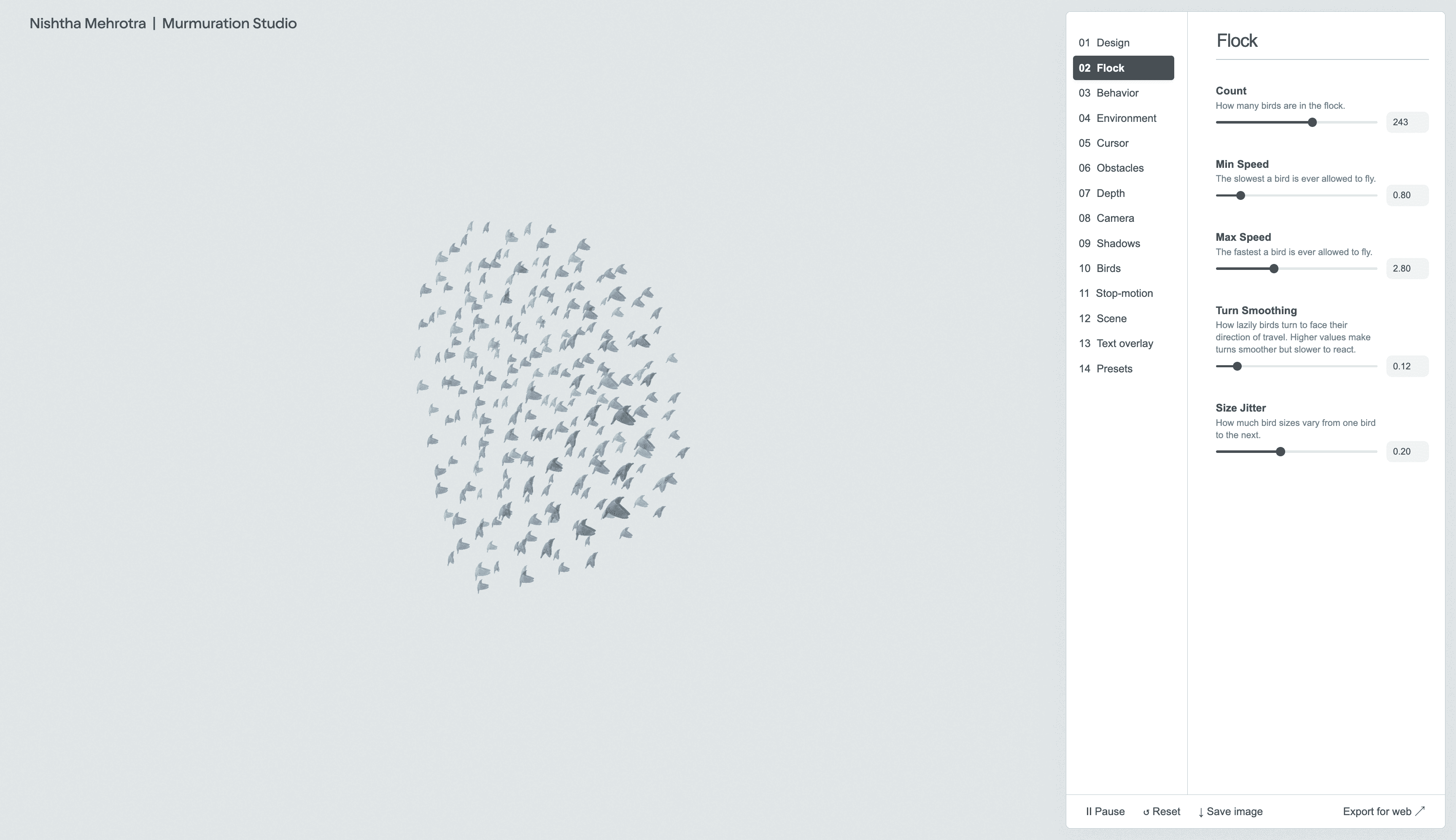Redesigned Murmuration Studio with a blue-gray bird flock, section navigation, and a white settings panel with flock sliders and export controls.